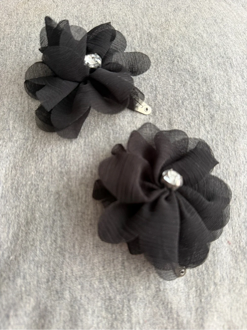 Set of 2 Black Floral Fabric Hair Clips with Rhinestone Accent